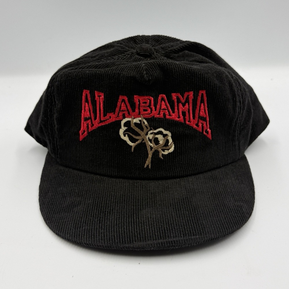 Vintage Alabama Cotton Boll Hat Black Corduroy Snapback USA Made Embroidered